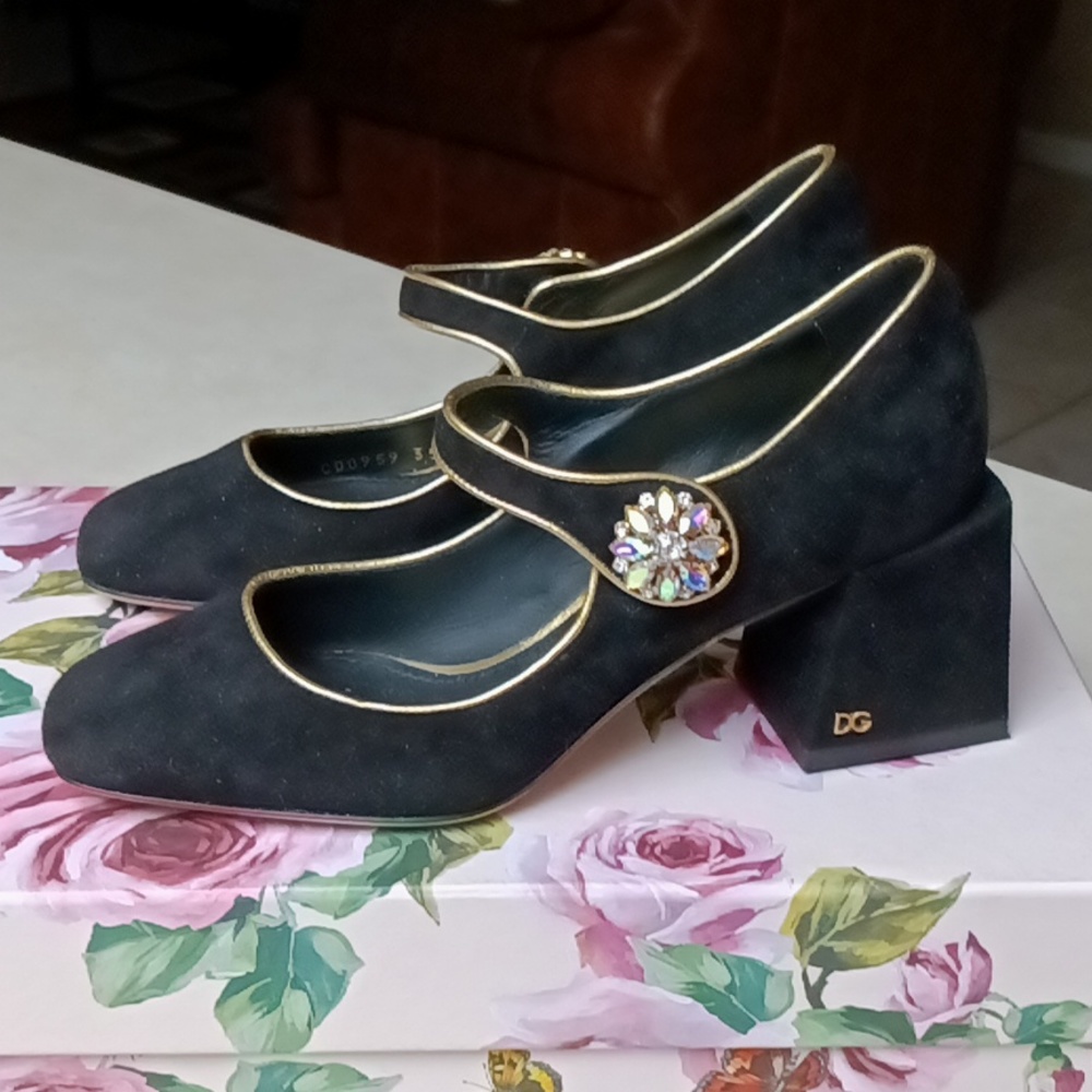 DOLCE & GABBANA Jewel Button Mary Jane Suede Pumps Logo Stud US 5